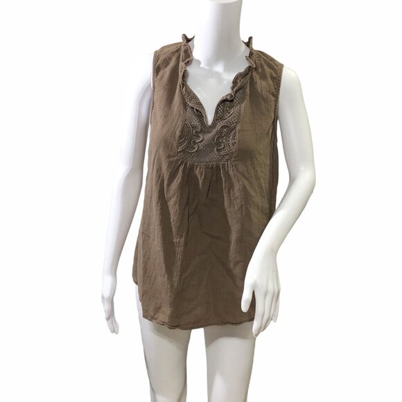 Ann Taylor Loft Shirt Boho Top Sleeveless Women M Brown Cotton V Neck - Picture 2 of 8